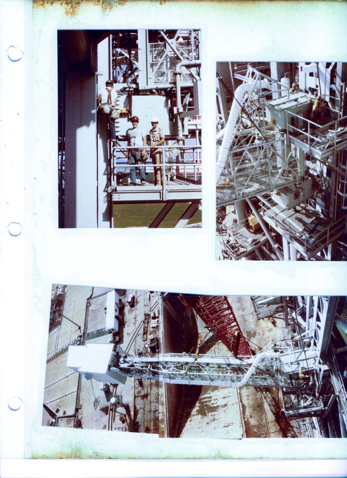 Top Left Image: Kevin (left below) and Wade (right below) Ivey, of Ivey Steel Erectors, take a short break to have their photograph taken, standing on the lower Orbiter Access Arm hinge access platform, just below the elevation 200' level on the Fixed Service Structure. The other images show a wider view of the ongoing work as the OAA hinges were fastened to the FSS at Space Shuttle Launch Complex 39-B, Kennedy Space Center, Florida.